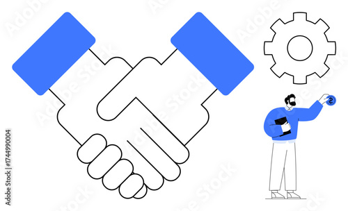 Handshake highlighting collaboration, gear symbolizing progress, person holding a document for communication. Ideal for teamwork, partnership, business deal, trust, progress, communication simple
