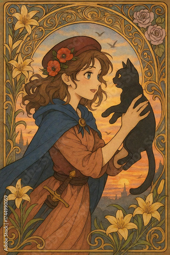 A cel-style illustration of a cat and a girl.generated by AI.