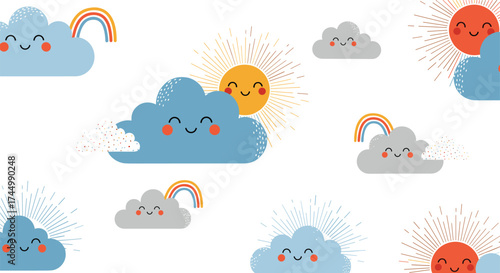 Cute cartoon clouds sun and rainbows seamless pattern.