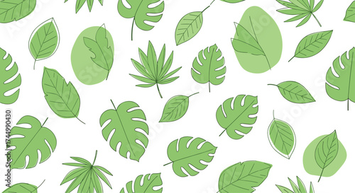 A pattern of various tropical green leaves on a white background.
