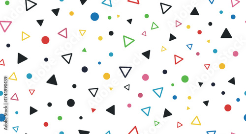 A playful background pattern of colorful geometric shapes and dots.