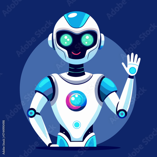 Futuristic humanoid robot character waving friendly hello clean vector illustration concept vector, illustration, scalable, eps, icon, robot, android, humanoid, futuristic, ai, artificial