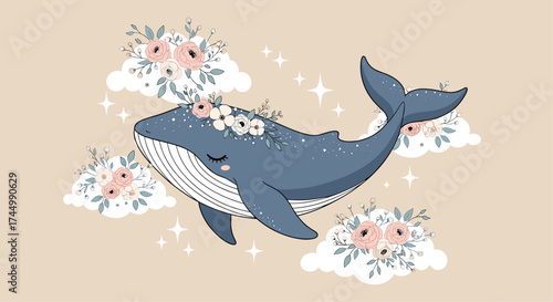 A serene whale swimming among dreamy clouds and delicate flowers.