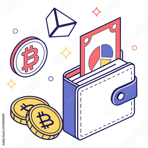 Isometric illustration of a wallet with bitcoin coins and a chart floating above it, concept of digital finance and investment in cryptocurrency