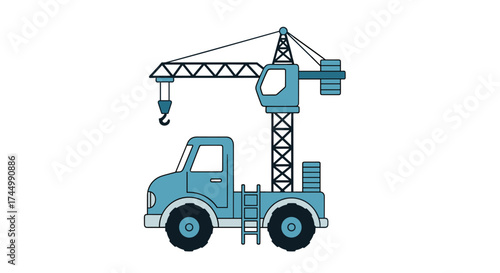 A blue crane truck lifting construction materials in the air.
