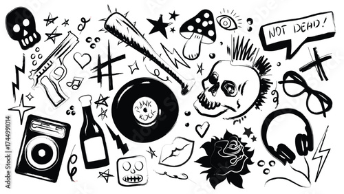 Rebellious punk rock doodle elements with skulls, vinyl record, mushroom and mohawk for underground culture. Black ink sketches with gun and bottle, speaker, hearts and stars. Alternative music icons
