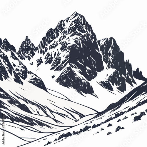 A majestic mountain range covered in snow, its peaks piercing the sky, creates a breathtaking winter landscape, showcasing the raw beauty of nature