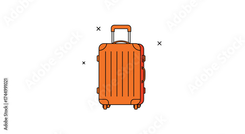 An orange suitcase with wheels and a handle on a white background.