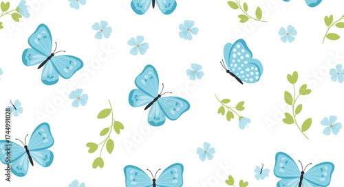 A delicate pattern of blue butterflies and small flowers graces a white background.
