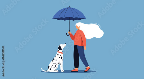 A woman and her dalmatian dog share an umbrella on a rainy day.