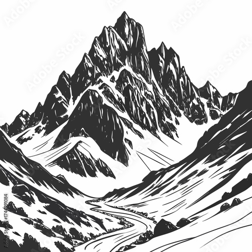 Majestic mountain peak with snowcovered slopes, a winding river, and rugged terrain, creating a captivating landscape a serene and aweinspiring scene