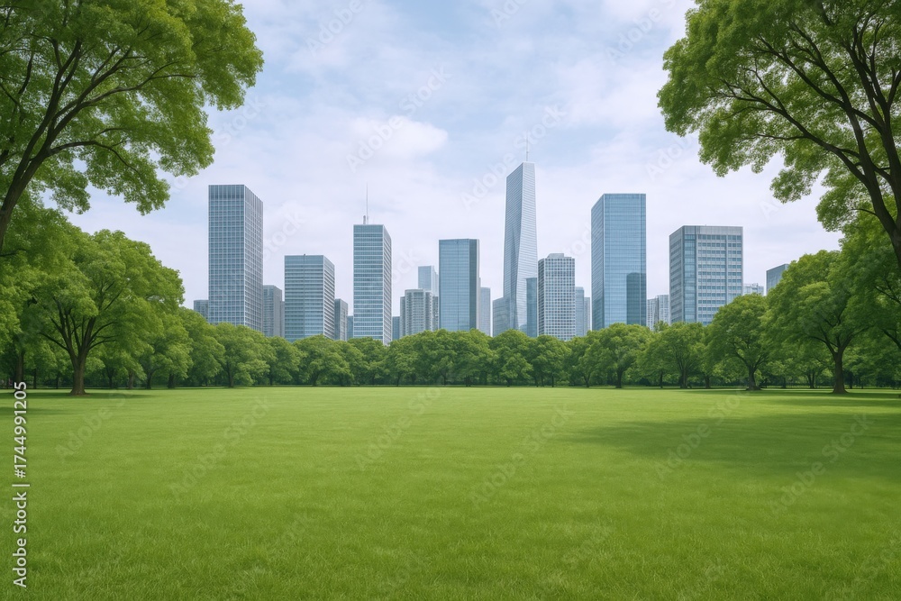 Obraz premium Cityscape Panorama: Green Meadow in Urban Park with Modern Buildings and Blue Sky Backdrop