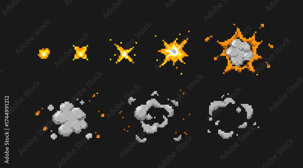 Naklejka premium Sequential pixel explosions animation with fire bursts and smoke clouds for retro game development or sprite sheets. Flashes with debris particles. Classic 8 bit blast sequence for arcade game.