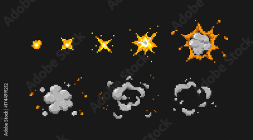 Sequential pixel explosions animation with fire bursts and smoke clouds for retro game development or sprite sheets. Flashes with debris particles. Classic 8 bit blast sequence for arcade game.