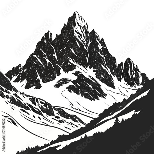 Majestic mountain peak covered in snow, a captivating monochrome illustration, showcasing natures grandeur and the beauty of winter landscapes