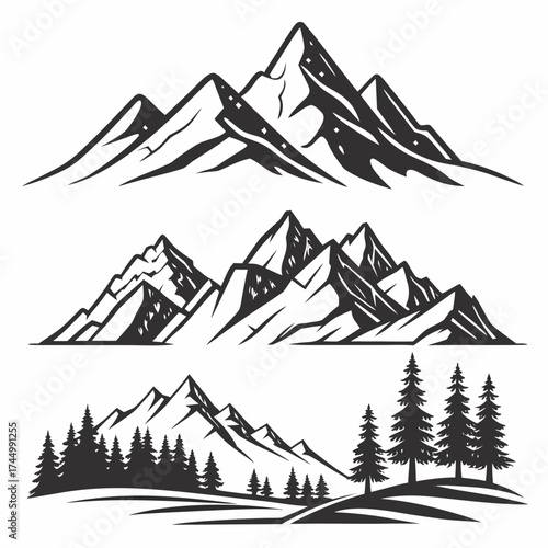 Set of monochrome mountain landscapes with fir trees in different styles perfect for logo, emblem, badge, sticker, print design and much more