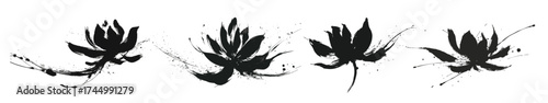 Grunge lotus flower artwork in asian calligraphy and ink painting design