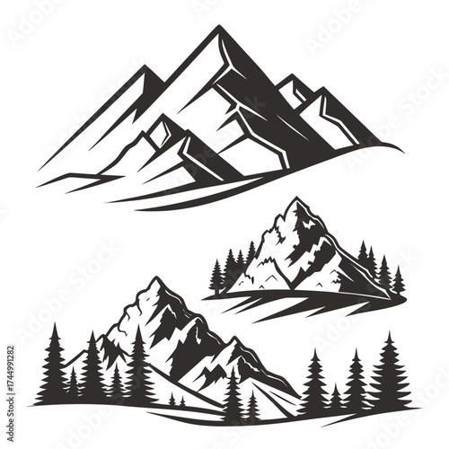 Set of monochrome mountain landscapes with fir trees in different styles perfect for logo, emblem, badge, sticker, print design and much more