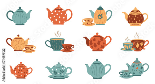 A collection of whimsical pixel art teapots and teacups for a cozy beverage experience.