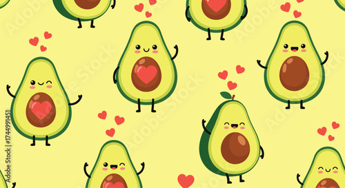 Cute avocados with hearts on a yellow background.