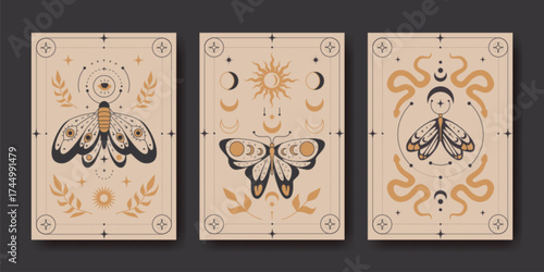 Mystic boho poster designs with butterflies, snakes and celestial elements for spiritual decorative artwork. Beige mystic card with moon phases, sun and moth. Tarot illustrations for wellness branding