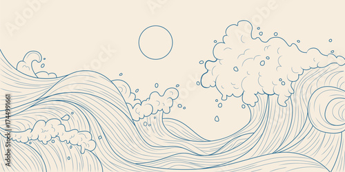 Traditional Japanese water wave illustration with flowing ocean lines, foam details, sun circle and droplets for oriental art or decorative backgrounds. Blue outline drawing of classic sea pattern
