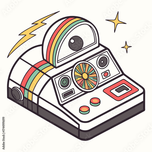 Retro instant camera with rainbow design, a nostalgic nod to vintage photography and colorful aesthetics, capturing memories in a unique style