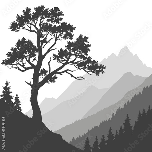 Silhouette of a majestic tree standing tall against a backdrop of layered mountains, creating a serene and picturesque landscape the scene evokes tranquility