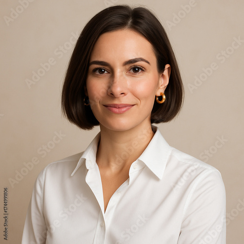 Professional woman portrait in white shirt with soft neutral background
