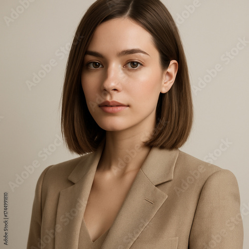 Confident woman in beige blazer formal business portrait
