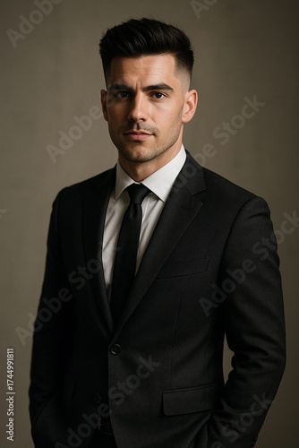 Confident businessman in dark suit standing in formal studio portrait
