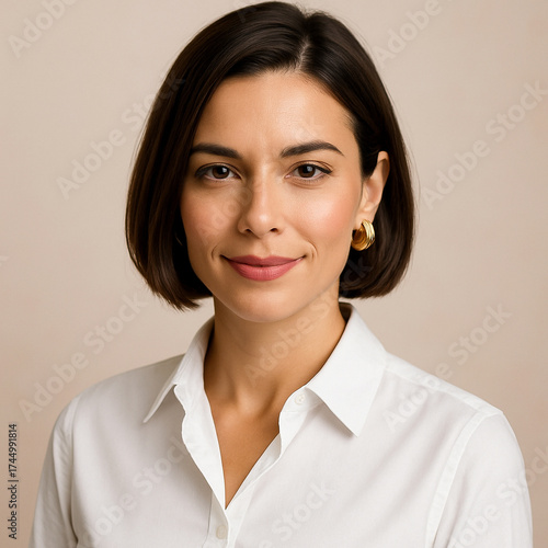 Professional woman portrait in white shirt with neutral background
