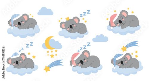 Cute koala bears sleeping peacefully on fluffy clouds at night.
