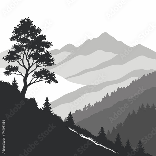 Silhouette of a majestic tree standing tall on a hillside, with a backdrop of layered mountains in varying shades of gray, creating a serene and picturesque landscape