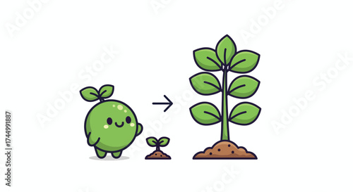 Cute cartoon plant character showing growth stages from seedling to mature tree.