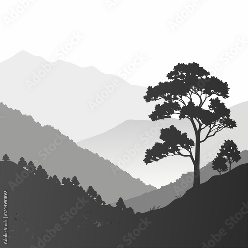 Majestic mountain range silhouette vector illustration with a solitary tree standing tall against the backdrop of rolling hills serene landscape art