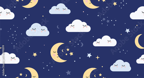 Cute sleeping moons and clouds in the night sky with stars.