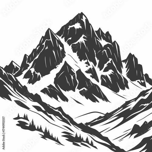 Scenic mountain range illustration, capturing the grandeur of nature, with jagged peaks, deep valleys, and a sense of aweinspiring wilderness