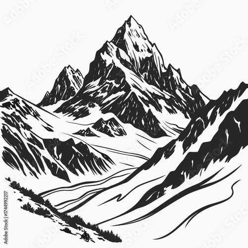 Serene mountain range, its snowcapped peaks piercing the sky, , a testament to natures grandeur and the enduring beauty of the alpine landscape