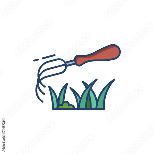 A redhandled garden cultivator tools the lawn grass with sweeping motion