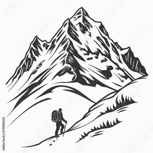 A captivating monochrome illustration showcases a lone hiker ascending a majestic mountain, , embodying adventure, resilience, and the allure of natures grandeur
