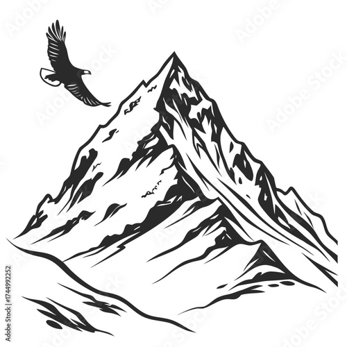Majestic eagle soars above a rugged mountain peak, its wings spread wide against the clear sky, embodying freedom, strength, and the untamed spirit of the wilderness