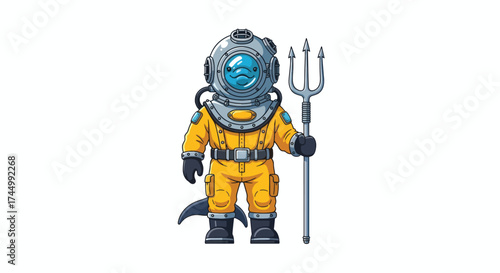Vintage Diver Holding Trident Underwater Exploration Gear.