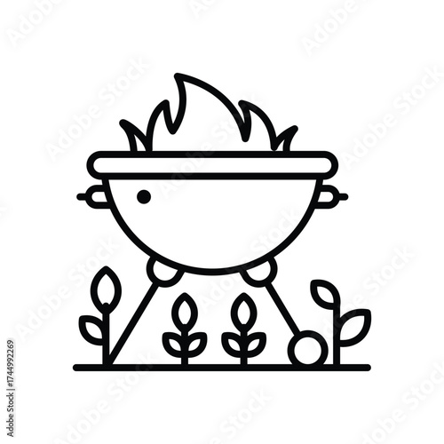 A simple BBQ grill icon with flames standing on legs surrounded by sprouts