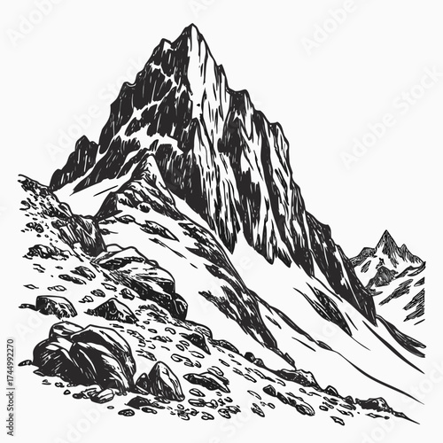 A striking monochrome illustration captures the rugged beauty of a snowcapped mountain range, , showcasing natures grandeur and the allure of the wilderness