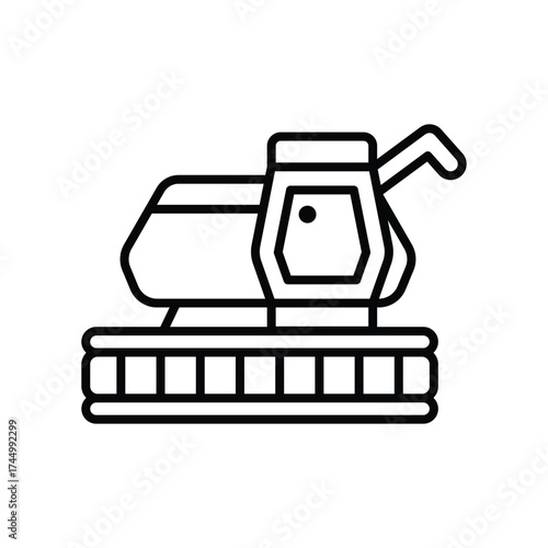 A simple blacklined icon of an industrial combine harvester featuring a central cab a side spout and a row of treads at the bottom