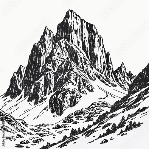 Majestic mountain range, a symphony of jagged peaks and snowdusted slopes, rendered in intricate black and white linework, evoking a sense of awe and wonder