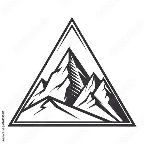 A majestic mountain range, its peaks piercing the sky, is encapsulated within a bold triangular frame, symbolizing adventure and the grandeur of nature