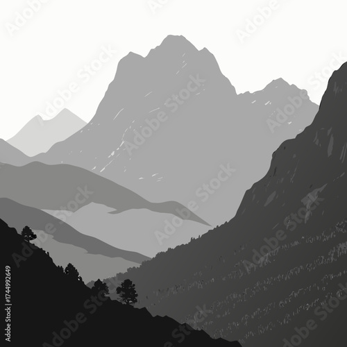 Monochrome illustration of a mountain range with trees in the foreground the mountains are layered in shades of gray, creating a sense of depth and distance in a natural landscape