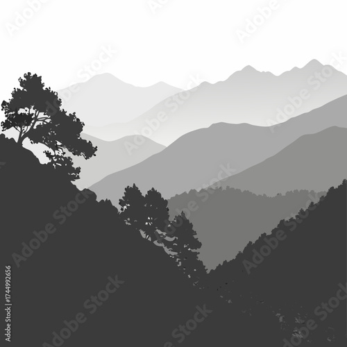 Monochrome illustration of a mountain range with trees in the foreground the mountains are layered in shades of gray, creating a sense of depth and distance in a natural landscape